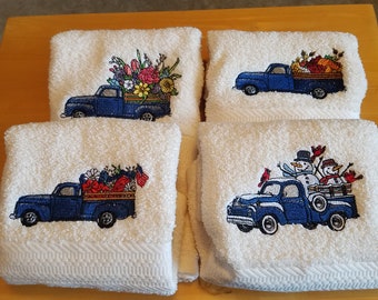 Blue Truck Four Seasons - Embroidered Hand Towel - Buy as Set or Individually -  Free Shipping