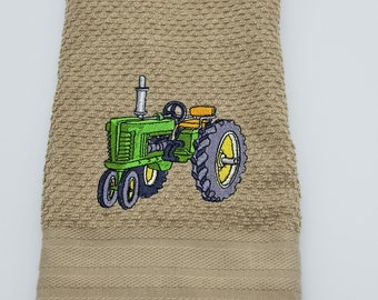 Green Tractor on Tan Embroidered Cotton Kitchen Towel - Free Shipping - Ready To Ship