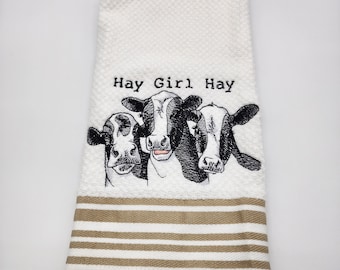 Cows - Hey Girl on White with Tan Stripe Embroidered Kitchen Towel - Free Shipping - Ready To Ship