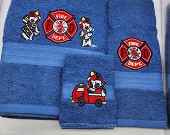Fire Dog on Blue Bath Towel Set - Bath Towel, Hand Towel and Washcloth