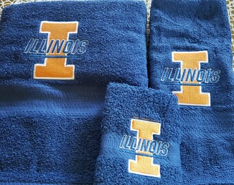 Ready To Ship - University of Illinois on Navy - 3 Piece Embroidered Towel Set - Bath Towel, Hand Towel and Washcloth