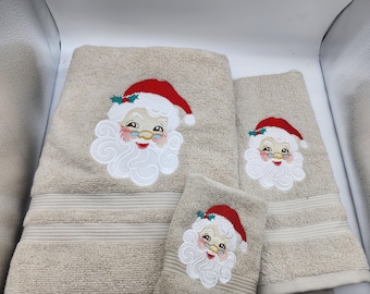 Santa Face on Beige - 3 Piece Embroidered Towel Set - Bath Sheet, Hand Towel and Washcloth - In Stock - Ready To Ship