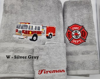 Fireman  Embroidered Towels - Pick Size of Set & Towel Color - Bath Sheet, Bath Towel, Hand Towel, Washcloth - Free Shipping