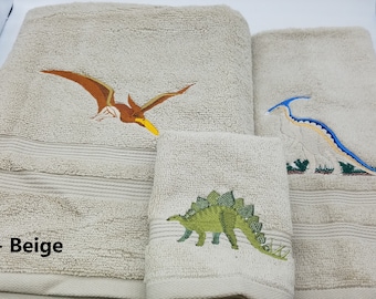 Dinosaurs * Pterodactyl * Parasaurolophus * Stegosaurus * Embroidered Towels * Pick Your Size of Set & Towel Color * Free Shipping