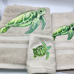Sea Turtle - Embroidered Towels - Pick Color of Towel, Set or Individual Towels - Bath Sheet, Bath Towel, Hand Towel & Washcloth