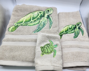 Sea Turtle - Embroidered Towels - Pick Color of Towel, Set or Individual Towels - Bath Sheet, Bath Towel, Hand Towel & Washcloth