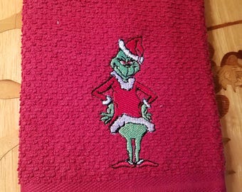 Grinch Full Body on Red - Embroidered Cotton Kitchen Towel - Ready To Ship