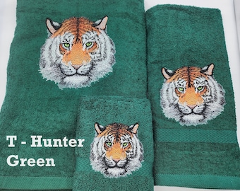 Tiger Face - Embroidered Towels - Order Set or Individually - Bath Sheet, Bath Towel, Hand Towel and Washcloth