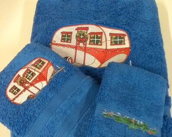 Christmas Trailer on Cobalt Blue - 3 Piece Embroidered Towel Set - Bath Towel, Hand Towel and Washcloth - In Stock