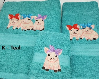 Pigs in Bandana Trio Embroidered Towels Choose Color of Towel and Size of Set - Bath Sheet, Bath Towel, Hand Towel & Washcloth - Free Ship