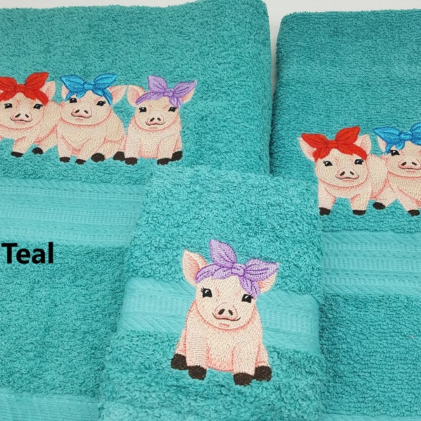 Pigs in Bandana Trio Embroidered Towels Choose Color of Towel and Size of Set - Bath Sheet, Bath Towel, Hand Towel & Washcloth - Free Ship