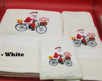 Bicycle Riding Santa - Embroidered Towel Set - Order Set or Individual - Pick Towel Color - Bath Sheet, Bath Towel, Hand Towel and Washcloth