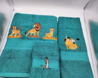 Ready To Ship - Lion King on Dark Teal - 3 Piece Embroidered Towel Set - Bath Towel, Hand Towel and Washcloth