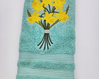 Yellow Daffodil Flower Embroidered Hand Towels - Order One or More - Pick Your Color of Towels