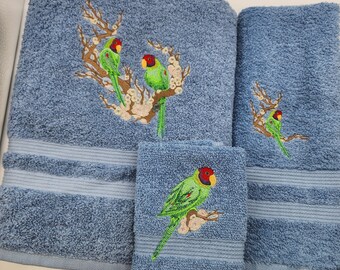 Parrot - Embroidered Towels - Order Individually or Sets - Pick Your Color of Towel - Bath Sheet, Bath Towel, Hand Towel & Washcloth