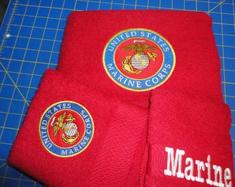 Marine - Embroidered Towels - Bath Towel, Hand Towel and Washcloth - Order Set or Individually