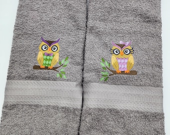His and Her Owl on Gray Embroidered Hand Towel -  Ready to Ship