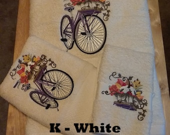 Fall Bike - Embroidered Towels - Order Individually or Set - Choose Towel Color - Bath Sheet, Bath Towel, Hand Towel and Washcloth