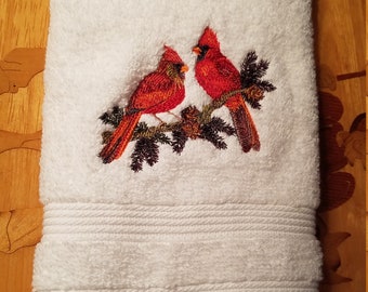 In Stock - Ready To Ship - Red Birds/Cardinals - Embroidered Hand Towel - Free Shipping