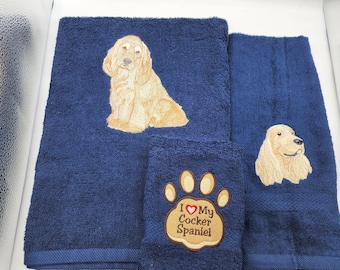 Cocker Spaniel Embroidered Towels - Pick Your Size of Set & Color of Towel - Bath Sheet, Bath Towel, Hand Towel and Washcloth