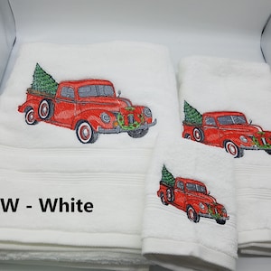 Red Truck Christmas Embroidered Towels - Pick Size of Set and Towel Color - Bath Sheet, Bath Towel, Hand Towel & Washcloth
