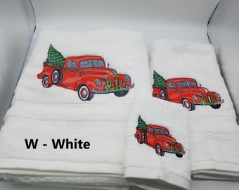 Red Truck Christmas Embroidered Towels - Pick Size of Set and Towel Color - Bath Sheet, Bath Towel, Hand Towel & Washcloth - Free Shipping