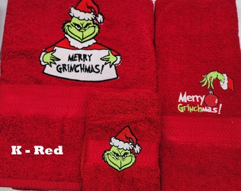 Grinch Merry Grinchmas - EmbroideredTowels - Bath Sheet, Bath Towel, Hand Towel and Washcloth - Pick Towel Color - Order Set or Individually