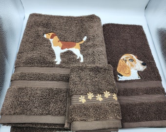 Beagle on Brown - 3 Piece Embroidered Towel Set - Bath Towel, Hand Towel and Washcloth - Ready To Ship
