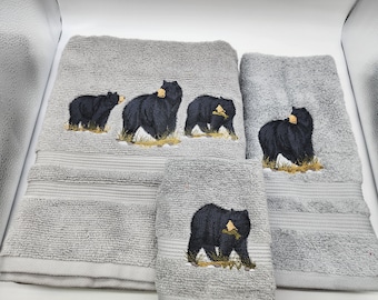 Black Bear Trio - Embroidered Bath Towel Set - Bath Towel, Hand Towel and Washcloth  - Order Set or Individually