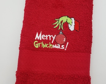 Embroidered Hand Towel - Merry Grinchmas - Face Towel - Order One or More - Bathroom Decoration - Christmas Towel - Free Shipping