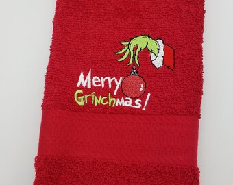Embroidered Hand Towel - Merry Grinchmas - Face Towel - Order One or More - Bathroom Decoration - Christmas Towel