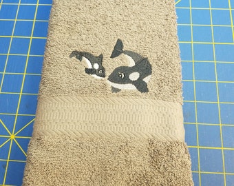 Whale Mama & Baby - Embroidered Hand Towels - Face Towel - Order One or More - Choice of Towel Color - Free Shipping