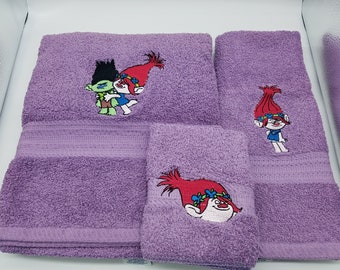 Ready To Ship - Trolls - Poppy & Branch on Lavender - 3 Piece Embroidered Towel Set - Bath Towel, Hand Towel and Washcloth