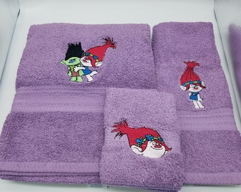 Trolls - Poppy & Branch on Lavender - 3 Piece Embroidered Towel Set - Bath Towel, Hand Towel and Washcloth - Ready To Ship