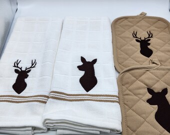 4 Piece Embroidered Kitchen Towel Set - Deer Buck and Doe - Order as sets or individually - Free Shipping