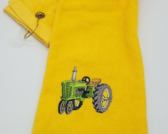 Green Tractor - Pick Your Color of Towel - Embroidered Golf Towel - Tri-Fold, Grommet, Hook - Free Shipping