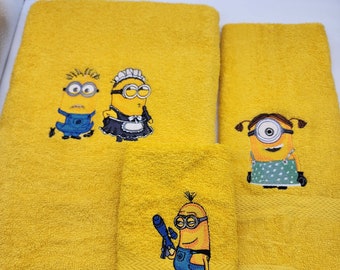 Minion on Yellow - 3 Piece Embroidered Towel Set - Bath Sheet, Hand Towel and Washcloth - Ready To Ship
