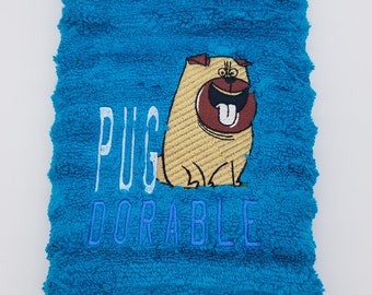 PugAdorable - Embroidered Hand Towels - Order One or More - Bathroom Decor - Free Shipping