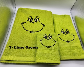 Mr Grinch Face - Embroidered Towels - Order Set or Individually - Pick Towel Color- Bath Sheet, Bath Towel, Hand Towel and Washcloth