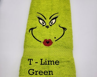 Embroidered Hand Towel - Mrs Grinch Face - Order One or More - Pick Color of Towel - Free Shipping