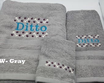 Personalized Dog Bones & Paw Prints - Embroidered Towels -Set or Individual/Pick Towel Color - Bath Sheet, Bath Towel, Hand Towel, Washcloth