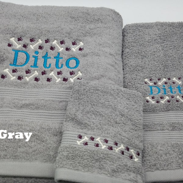 Personalized Dog Bones & Paw Prints - Embroidered Towels -Set or Individual/Pick Towel Color - Bath Sheet, Bath Towel, Hand Towel, Washcloth