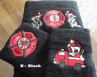 Fireman Dogs - Fire Fighters - Embroidered Towels -Individually 0r Set - Choose Towel Color - Bath Sheet, Bath Towel, Hand Towel & Washcloth