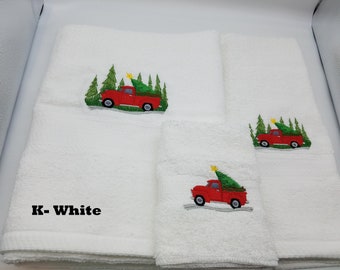 Christmas Red Truck - Embroidered Towels- Order Set or Individually - Pick Your Color  - Bath Sheet, Bath Towel, Hand Towel and Washcloth