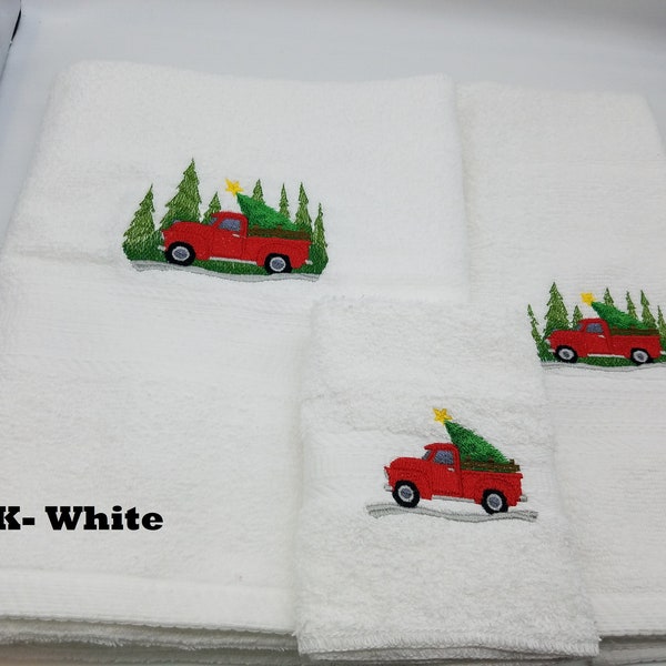 Christmas Red Truck - Embroidered Towels- Order Set or Individually - Pick Your Color  - Bath Sheet, Bath Towel, Hand Towel and Washcloth