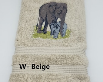 Elephant Mom with Baby - Embroidered Hand Towels - Order One or More - Choose Your Color of Towel - Bathroom Decor - Free Shipping