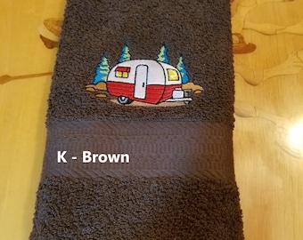 Vintage Red Trailer - Embroidered Hand Towel - Face Towel - Choice of Towel Color - Order One or More  - Free Shipping