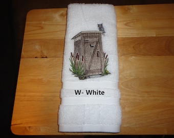 Outhouse - Embroidered Hand Towels - Order One or More - Pick Your Color of Towel - Bathroom Decor - Decorated Towel - Free Shipping