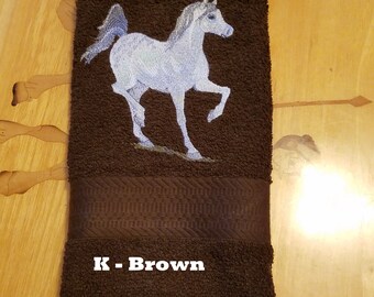 White Horse - Embroidered Hand Towel - Pick Towel Color - Order One or More - Free Shipping