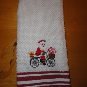 Santa on Bike - Embroidered Cotton Kitchen Towel - Christmas Kitchen Towel - Choice of Towel Color